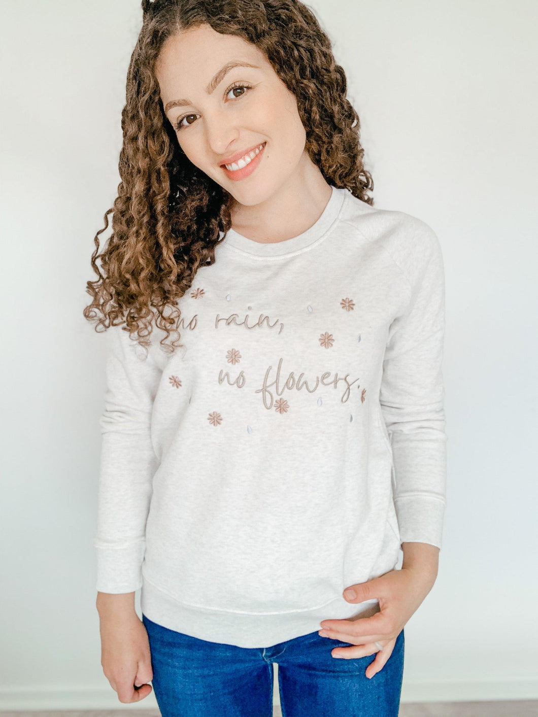 'No Rain, No Flowers' Sweatshirt | Champagne Heather Grey - Sunbeam Naturals